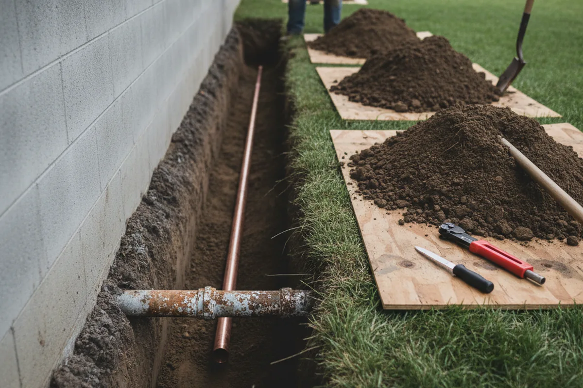 Excavated water line trench during Sewer Line Repair in Lacrosse
